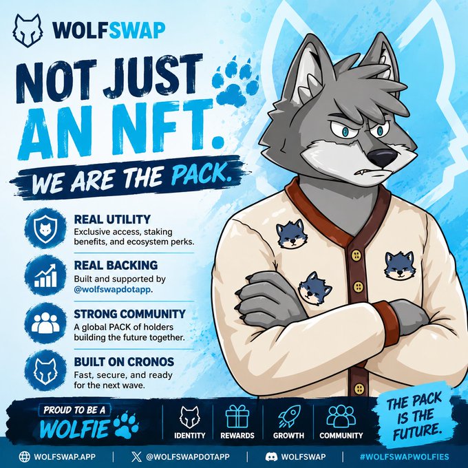 A gray wolf character with a white collar and brown spots stands against a blue background, accompanied by text promoting WolfsWap's "Not Just an NFT."