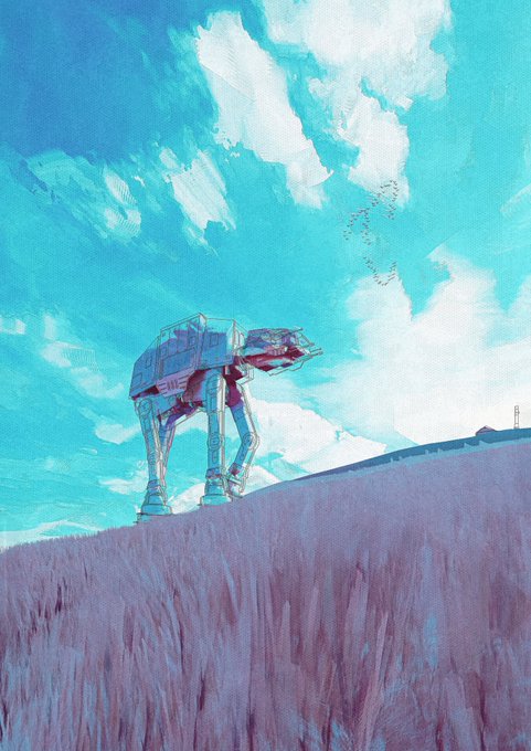 A digital painting of a AT-AT walker from Star Wars standing on a grassy hill under a bright turquoise sky with scattered white clouds.