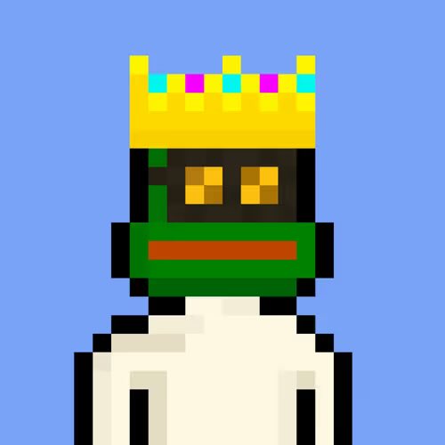 A pixel-art robot wearing a gold crown with cyan and pink jewels, displayed against a blue background, representing the "Nakamigos" NFT collection. The crowned figure visually echoes the post's message of collector-driven value, symbolizing the regal status of long-term holders over short-term traders.