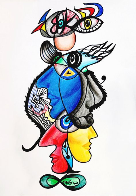 A vibrant abstract mixed-media artwork depicting a surreal, colorful figure composed of overlapping faces, an eye, a fish, and geometric shapes in bold blues, reds, and yellows.