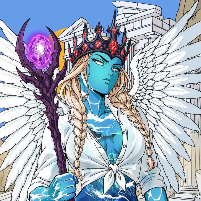 An anime-style illustration depicts a blue-skinned angelic figure with large white wings, a dark crown with red gems, and long blonde braids, holding a dark scepter topped with a glowing purple orb against a backdrop of classical ruins.