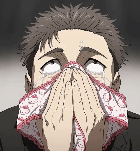 The image features a man with short hair wearing a black suit jacket who appears to be crying while holding a pink Hello Kitty towel over his face. The caption above the image reads "out there, there'S a guy that farmed solstice, scroll, billions, bitdealer, mitosis, layeredge, paradex, venom, zeta, zest if you know that guy".
