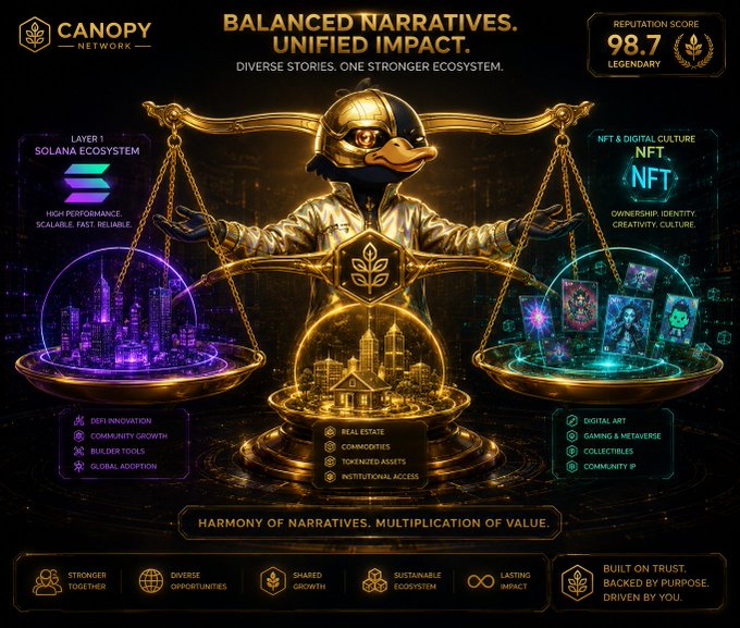 A promotional graphic for 'CANOPY NETWORK' titled 'BALANCED NARRATIVES. UNIFIED IMPACT.' features a metallic bird-headed figure holding scales weighing a Solana ecosystem globe against NFTs, with a reputation score of 98.7.
