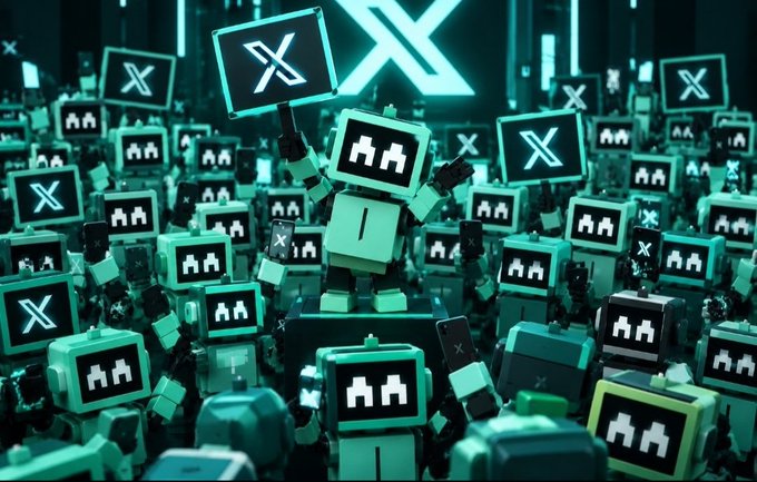 A group of teal-colored robot figures with X symbols on their screens and signs gather, with one robot elevated in the center holding an X sign, likely representing a crypto or tech community.