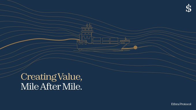 An elegant dark blue slide for 'Ethra Protocol' features gold line art of a ship over waves, accompanied by the tagline 'Creating Value, Mile After Mile.'