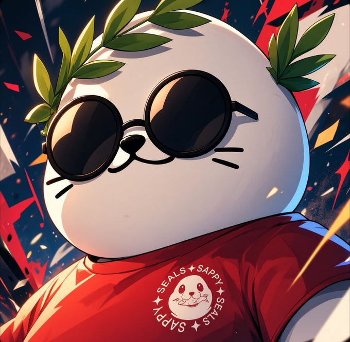 A stylized cartoon illustration of a white seal-like character wearing round black sunglasses, green laurel leaves on its head, and a red shirt with a logo reading 'SAPPY SEALS' around a small seal face.