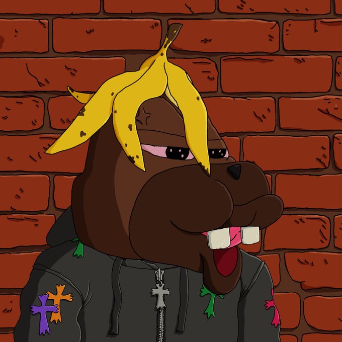A cartoon illustration of a brown dog-like character with yellow hair, buck teeth, wearing a black hoodie with cross patches, standing in front of a red brick wall.