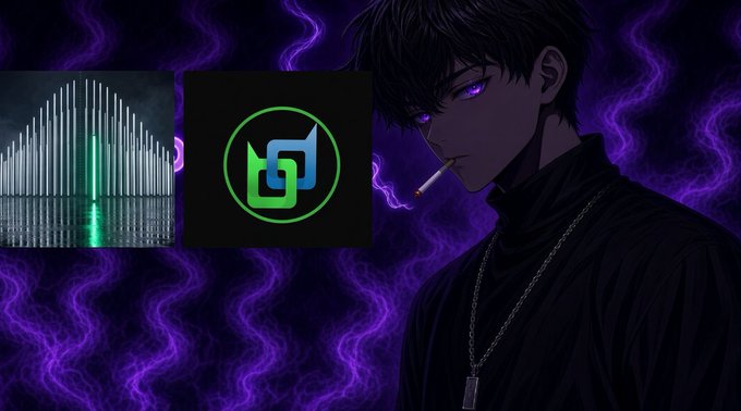 Anime-style illustration of a dark-haired figure with glowing purple eyes smoking a cigarette, set against a purple wavy background with two logos (a green circular emblem and an audio equalizer graphic).
