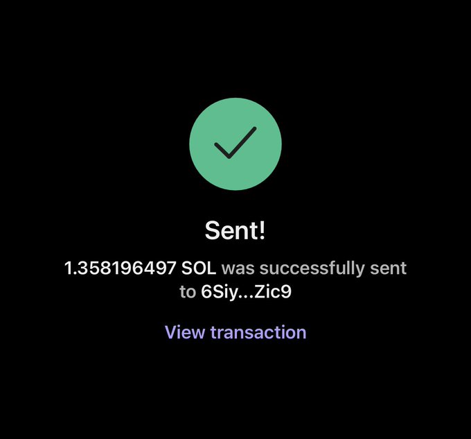 A confirmation screen showing "Sent!" with a green checkmark, indicating that 1.358196497 SOL was successfully transferred to address 6Siy...Zic9. The transaction confirms the sender completed their $100 SOL tip distribution shown in the post.