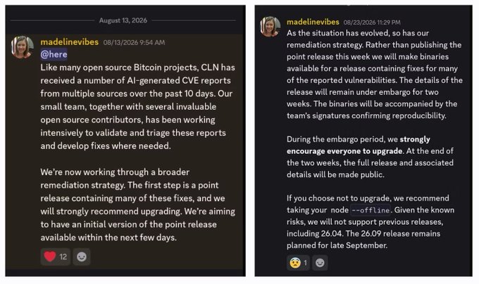 Two Mastodon posts from "madelinedvibes" dated 08/13/2026 discuss AI-generated CVE reports affecting CLN (open source Bitcoin project), with the first post receiving 12 reactions and the second receiving 1.