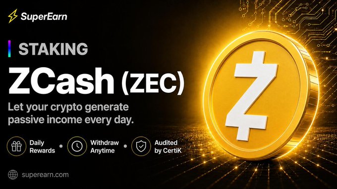 A SuperEarn cryptocurrency staking advertisement for ZCash (ZEC) featuring a large golden coin graphic, with text promoting daily rewards, anytime withdrawal, and audit by Certik.
