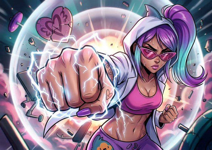 A vibrant comic-style illustration of a female character with purple hair, pink sunglasses, and a pink top punching forward with a glowing, lightning-wreathed fist.
