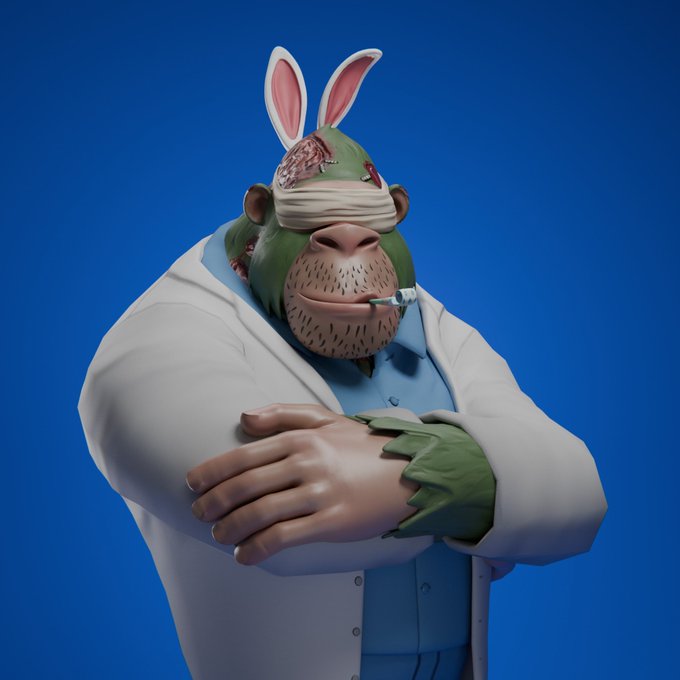 The image features a cartoon monkey wearing a white lab coat, holding a cigarette between its legs with one hand while the other hand is crossed over its chest. The background of the image is blue, which contrasts with the monkey's attire and adds depth to the scene. The caption "Geez on Top Apechain @GeezOnApe" suggests that this image might be related to a post about the cartoon character or an event involving the monkey wearing a lab coat.