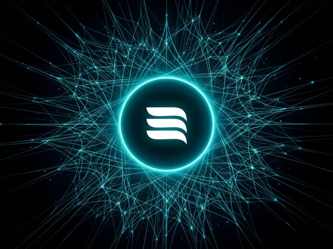 A digital image featuring a stylized logo with three horizontal bars inside a glowing cyan circle, set against a dark background with radiating network lines resembling a neural network or constellation.