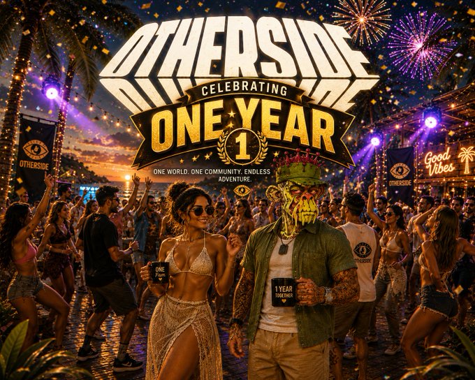 A vibrant promotional poster reads 'OTHERSIDE CELEBRATING ONE YEAR 1' with the tagline 'ONE WORLD. ONE COMMUNITY. ENDLESS ADVENTURE,' featuring a crowd of partygoers, fireworks, and two central figures including one with a gold metallic face.