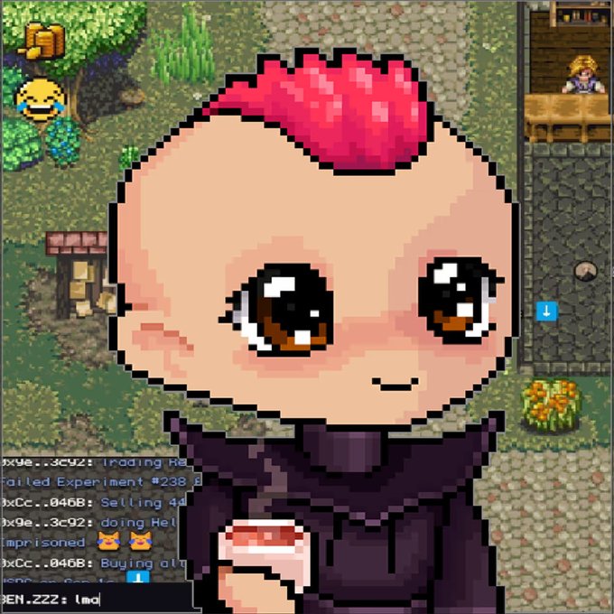 A pixel-art RPG screenshot featuring a chibi character with pink hair in a dark outfit overlaid on an isometric game scene, with chat text visible including references to 'Failed Experiment #238' and 'Trading Rel'.