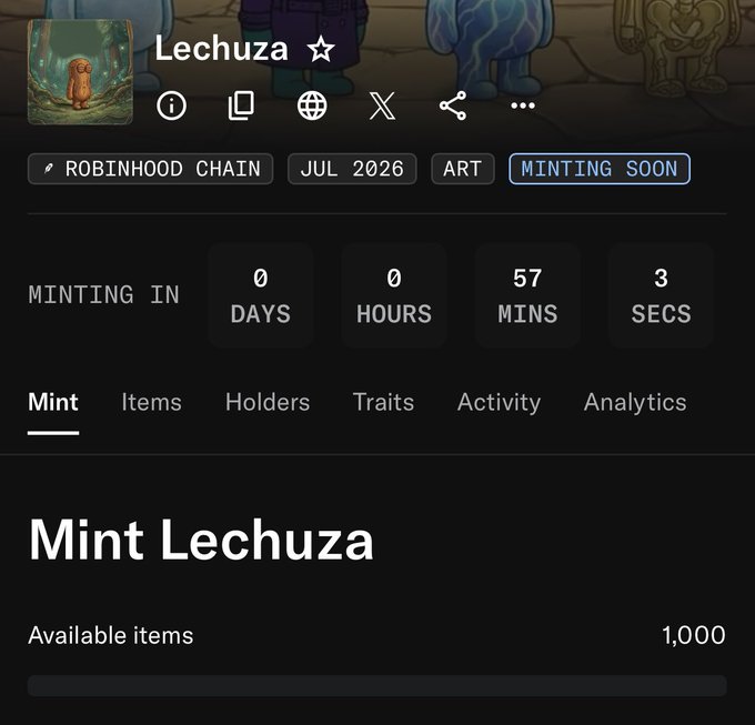 An NFT minting page for the collection "Lechuza" on Robinhood Chain, scheduled for July 2026, showing a countdown of 0 days, 0 hours, 57 minutes, and 3 seconds until minting begins, with 1,000 available items.