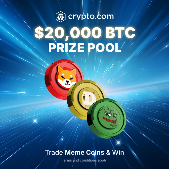 Crypto.com's promotional ad featuring a $20,000 BTC prize pool for trading meme coins ($SHIB, $DOGE, and $PEPE), with three colored coins—red Shiba Inu, gold Dogecoin, and green Pepe—displayed against a starry blue background, encouraging traders to buy or deposit these tokens to compete for a share of the rewards ending August 24.