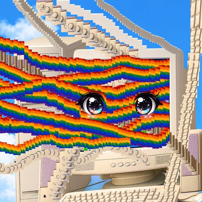 A surreal digital collage featuring a retro beige CRT computer and keyboard with pixelated rainbow hair and large anime-style eyes with tear reflections.