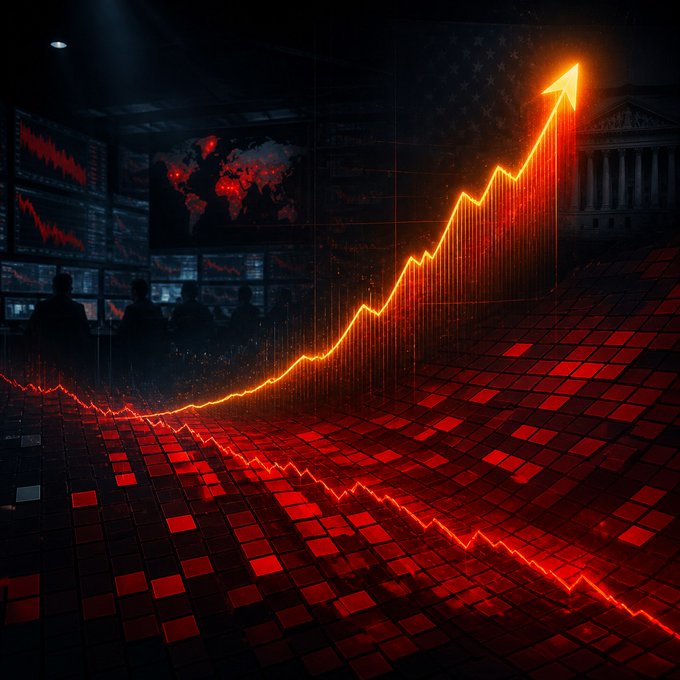 A stylized digital graphic shows a glowing orange upward-trending arrow over a red grid floor, with silhouetted figures monitoring financial charts and a world map displaying red hotspots in the background.