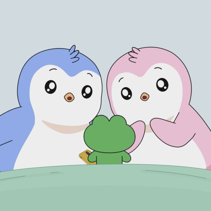 A cute cartoon illustration of two penguins, one blue and one pink, looking at a green character holding a phone.