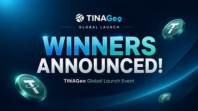 Promotional banner for 'TINAGeo Global Launch Event' featuring 'WINNERS ANNOUNCED!' text with TINAGeo logos and token imagery on a blue background.