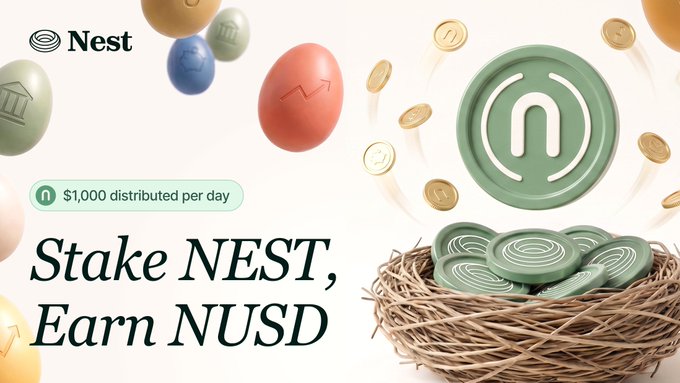 A promotional graphic for Nest showing a basket of green NEST token coins being rewarded with gold "n" tokens, alongside colorful eggs with growth arrows and the text "Stake NEST, Earn NUSD" and "$1,000 distributed per day." The image visually represents the strong staking participation mentioned in the post, where 15% of circulating NEST supply was locked within 48 hours, generating $1,000 daily NUSD rewards from the treasury and pushing TVL to an all-time high of $1.71M.