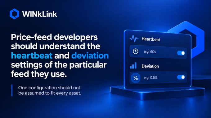 A WinLink promotional graphic advises that 'Price-feed developers should understand the heartbeat and deviation settings of the particular feed they use,' showing interface toggles for Heartbeat (e.g., 60s) and Deviation (e.g., 0.5%).