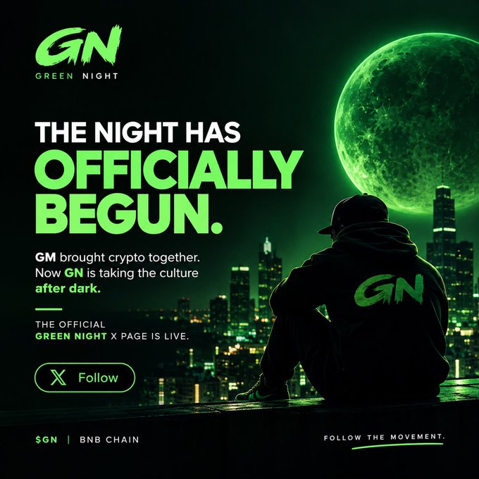 A 'Green Night' (GN) promotional graphic showing a person silhouetted against a green moonlit city skyline, with text declaring 'THE NIGHT HAS OFFICIALLY BEGUN.' and noting '$GN | BNB CHAIN'.