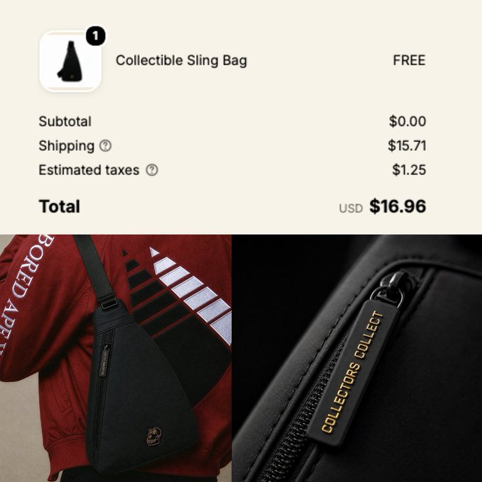 A checkout page for a FREE "Collectible Sling Bag" with $15.71 shipping and $1.25 taxes, totaling $16.96 USD, showing product photos of a black sling bag with "COLLECTORS COLLECT" zipper branding.