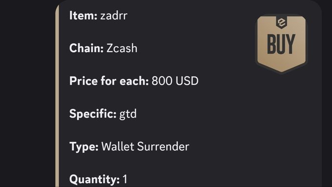 A dark digital listing card showing Item: zadrr, Chain: Zcash, Price for each: 800 USD, Specific: gtd, Type: Wallet Surrender, Quantity: 1, with a 'BUY' badge featuring a Zcash logo.