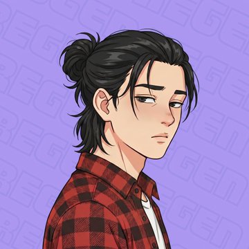 A digital illustration of a young man with dark hair in a bun, wearing a red and black plaid shirt over a white tee, set against a purple background with faint lettering.