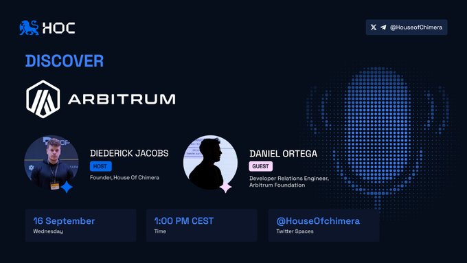 An event announcement slide for 'HOC DISCOVER' featuring 'ARBITRUM', with host Diederick Jacobs and guest Daniel Ortega, scheduled for 16 September at 1:00 PM CEST on Twitter Spaces.