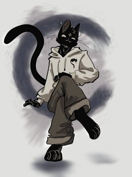 An illustration of an anthropomorphic black cat wearing a white hoodie and gray pants, standing with its hands in its pockets against a dark background.