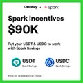 A small green graphic advertising 'Spark Incentives $90K' on Onramp x Spark for putting USDT and USDC to work with Spark Earn.