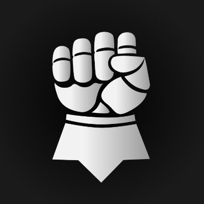 A stylized silver raised fist icon with bold outlines set against a solid black background.