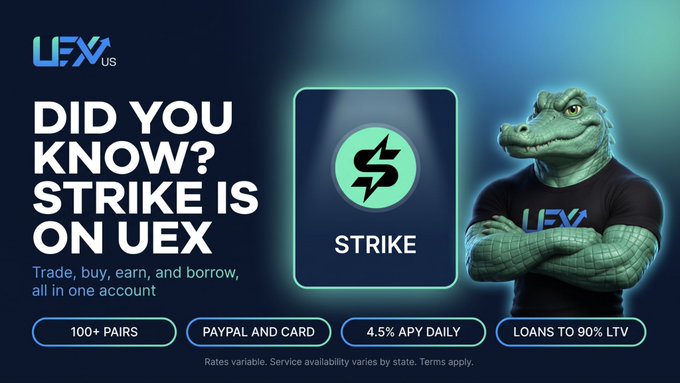 An advertisement for 'LFX US' promoting Strike on UEX, featuring a green alligator mascot in a branded shirt, highlighting features like '100+ PAIRS', 'PAYPAL AND CARD', '4.5% APY DAILY', and 'LOANS TO 90% LTV'.