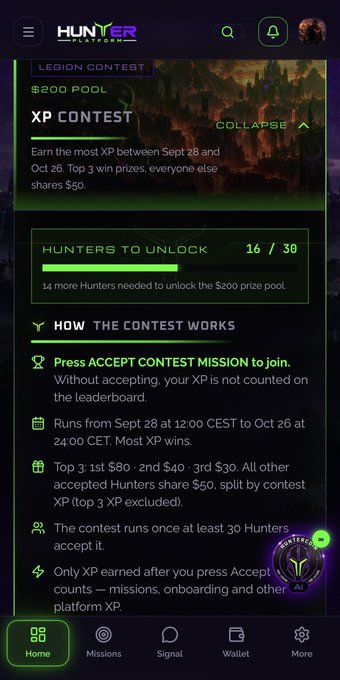 A mobile app screenshot for 'HUNTER' showing a 'LEGION CONTEST' XP Contest with a '$200 POOL', indicating 'HUNTERS TO UNLOCK 16 / 30' and explaining how the contest works with prizes for the top 3 earners.
