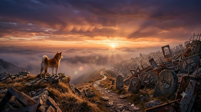 A digital artwork depicting a Shiba Inu dog standing on a rocky cliff at sunset, looking over a landscape filled with discarded cryptocurrency symbols and broken digital icons.