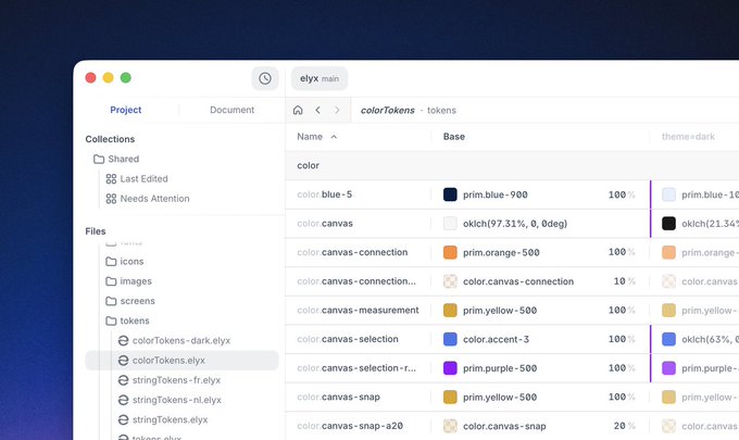 A screenshot of the Elyx design tool interface showing the "colorTokens - tokens" panel with various design tokens listed, including color aliases like "color.blue-5" mapped to "prim.blue-900" with 100% opacity, and canvas-related tokens such as "color.canvas-connection" and "color.canvas-snap" with adjustable opacity values, illustrating the token management and editing capabilities mentioned in the post.