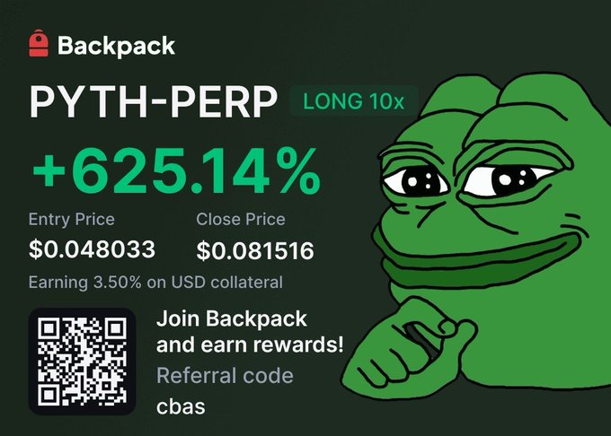 A Backpack exchange promotional graphic displaying a PYTH-PERP LONG 10x trade with +625.14% returns, entry price $0.048033, close price $0.081516, 3.50% USD collateral earnings, a referral code 'cbas', a QR code, and a green Pepe frog pointing meme character.