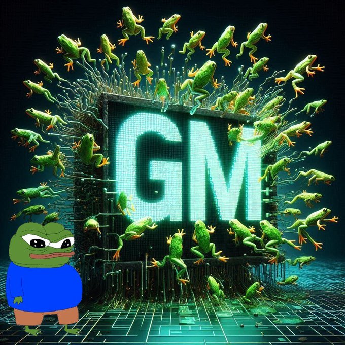 A meme image featuring a computer chip labeled 'GM' surrounded by green frogs, with a cartoon Pepe frog wearing a blue shirt standing to the left.