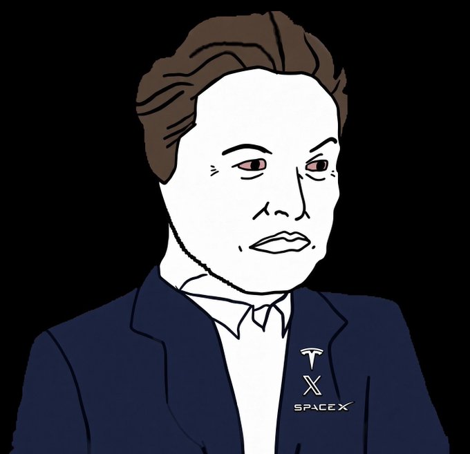 A cartoon-style portrait depicts a man resembling Elon Musk with white skin, brown hair, and a serious expression, wearing a dark suit jacket with Tesla, X, and SpaceX logos on the lapel. The image relates to the post as a "Wojak" meme-style illustration, humorously portraying Elon Musk in the signature Wojak art style associated with crypto and internet culture.