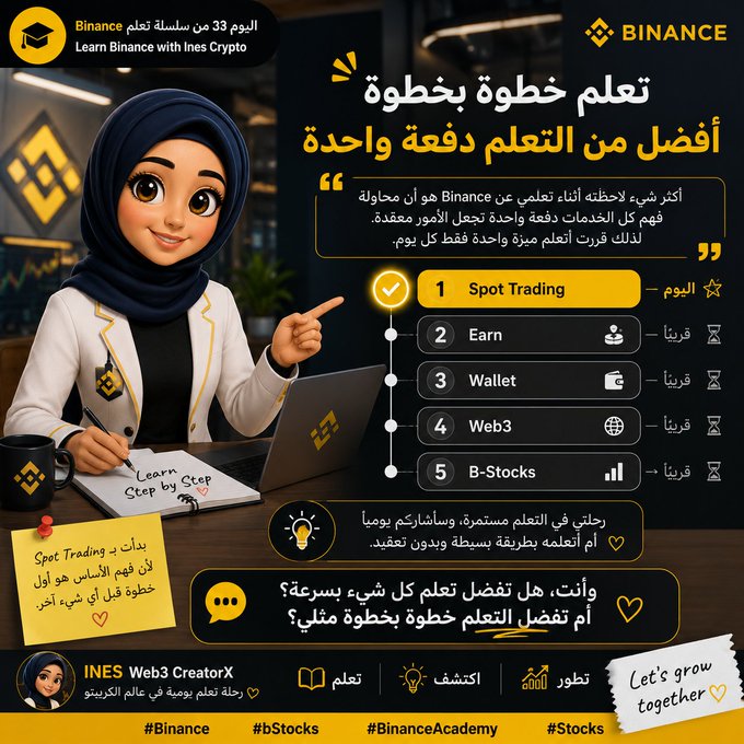 The image, titled "Learn Binance with Ines Crypto - Day 33," promotes learning Binance step-by-step, one service per day, and illustrates that approach by listing today's focus on Spot Trading, followed by Earn, Wallet, Web3, and B-Stocks (coming soon). The Arabic text reinforces this message, emphasizing that learning one feature daily with curiosity and simplicity leads to mastery, which directly complements the post's idea of starting with Spot Trading rather than rushing.