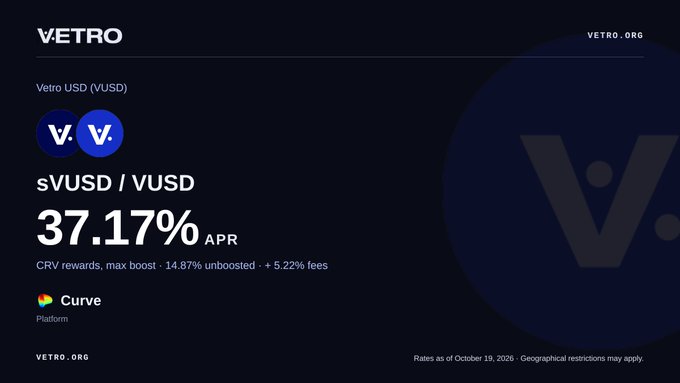 A dark promotional graphic for “VETRO” and “VETRO.ORG” advertises “$VUSD / VUSD” at “37.17% APR” on Curve, with smaller text about CRV rewards, fees, and restrictions.