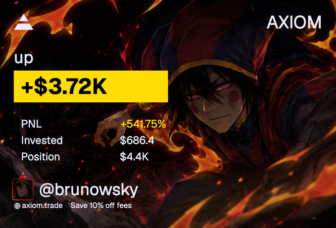 A promotional graphic for AXIOM (axiom.trade) showing '+ $3.72K' profit on 'PNL' with '+541.75%' gains, an invested amount of '$686.4' and position of '$4.4K', tagged to '@brunowsky' over an anime character with red eyes.