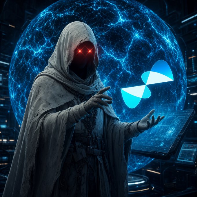 A sci-fi digital artwork depicting a hooded figure with glowing red eyes in a dark robe, conjuring a glowing blue energy orb containing a stylized logo, set against a high-tech background.