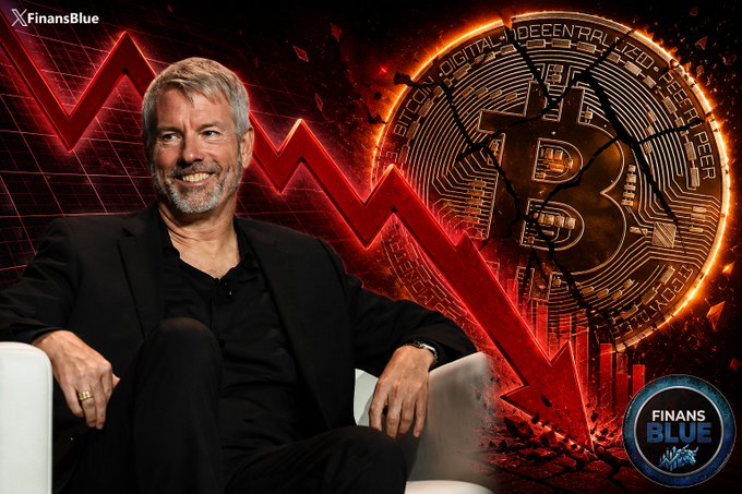 A FinansBlue thumbnail featuring Michael Saylor seated next to a large Bitcoin graphic, with a red downward-trending chart suggesting Bitcoin's price decline.