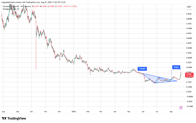 A TradingView chart of Cardano (ADA/USDT) on Binance shows the price breaking out of a symmetrical triangle pattern formed between June and August 2026, with a labeled "Target" zone near $0.30 from a current price of $0.2328, supporting the post's claim of a textbook triangle breakout that could drive ADA toward the $0.28–$0.30 range if it holds above the $0.23–$0.24 resistance.