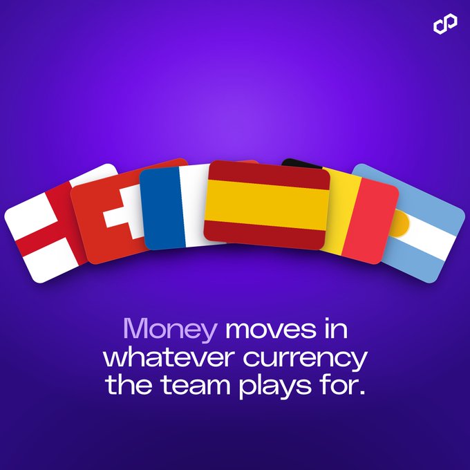 A purple graphic displays six card-style flags representing world cup quarter-finalist nations (England, Switzerland, France, Spain, Belgium, and Argentina) arranged in a fan, with the tagline "Money moves in whatever currency the team plays for." The image visually represents the concept of nations' currencies being available as live stablecoins on the Polygon blockchain, as mentioned in the post listing tokens like tGBP, ZCHF, EUROD, EURC, wARS, and ARST.